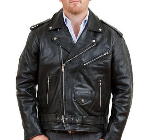Gava Men's Classic Asymmetric Zip-Up Belt Slim Fit Motorcycle Biker Black Leather Jacket.
