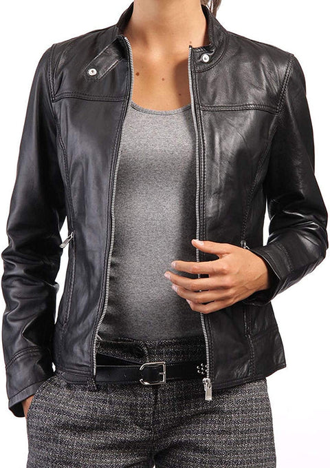 Gava Women Slim Fit Lambskin Black Leather Jacket, Casual Wear Motorcycle Biker Leather Jacket For Womens.