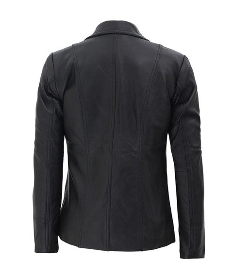 Gava Women’s Black Leather Blazer Jacket | Two Button Closure Leather Coat for Women