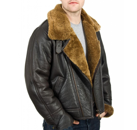 Gava Men's Classic Luxury Shearling Fur Raf Aviator Rust Sheepskin Leather Flying Jacket For men.