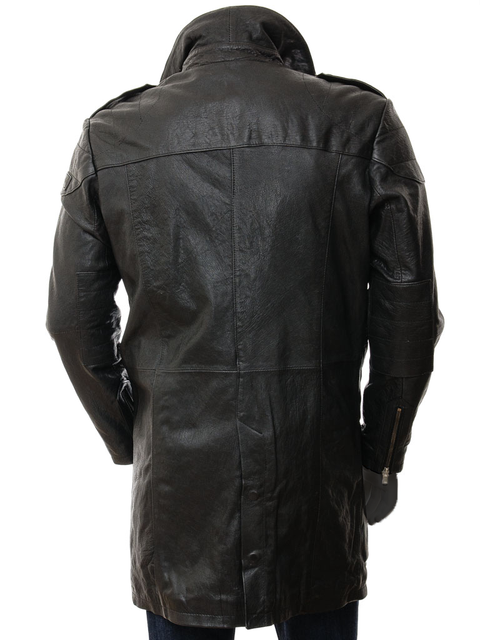 Gava Men's Vintage Causal Wear Classic Button Closure Black Leather Trench Coat.