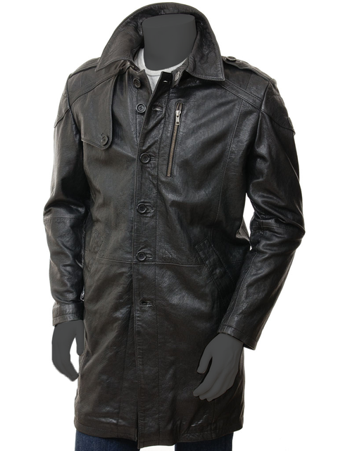 Gava Men's Vintage Causal Wear Classic Button Closure Black Leather Trench Coat.