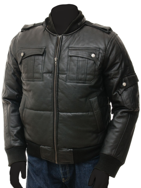 Gava Men's Black Hooded Bomber Leather Jacket | Real Lambskin Black Leather Jackets for Men with Removable Hood.