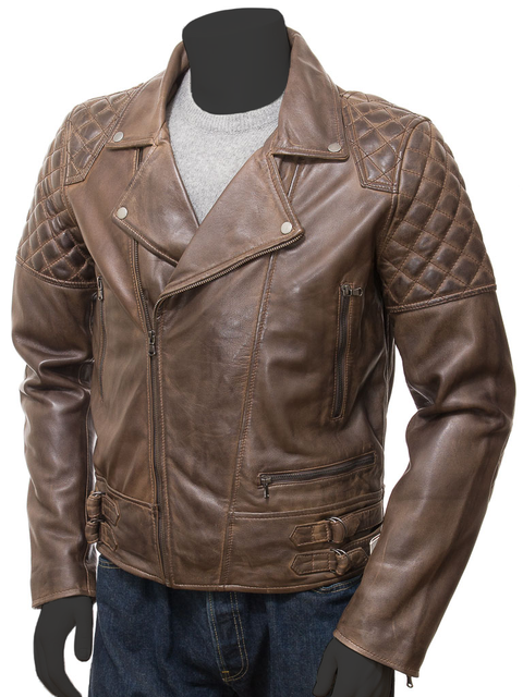 Gava Men's Diamond Quilted Style Cross Zip Brando Retro Motorbike Flap Collar Distressed Leather Jacket.