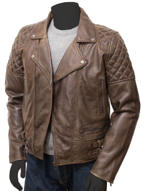 Gava Men's Diamond Quilted Style Cross Zip Brando Retro Motorbike Flap Collar Distressed Leather Jacket.