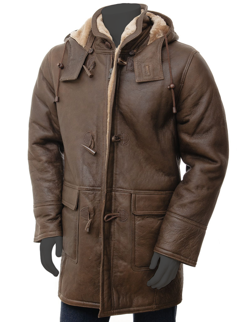 Gava Men's Shearling Fur Sheepskin Brown Genuine Leather Warm Duffle Trench Coat for men.
