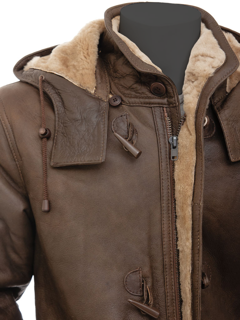 Gava Men's Shearling Fur Sheepskin Brown Genuine Leather Warm Duffle Trench Coat for men.