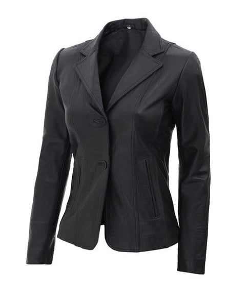 Gava Women’s Black Leather Blazer Jacket | Two Button Closure Leather Coat for Women